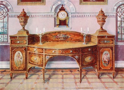 Geschilderd en ingelegd satijnen dressoir. Mahonie beugelklok door Edwin John Foley