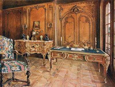 Paneelkamer: Frans--Stijl van de Regence. Gesneden eiken stoel. Ormolu-gemonteerde mahonie schrijftafel. Ormolu-gemonteerde Bombe commode, door Charles Cressent door Edwin John Foley