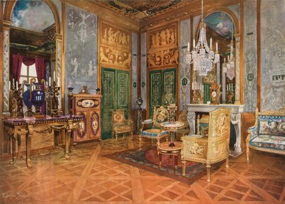 Salon de Musique van koningin Marie Antoinette, Paleis van Fontainebleau, Frankrijk. Gesneden en vergulde console. Vergulde bank in Beauvais-tapijt. Tafel, verguld met Sevres-platen. Marqueterie-kabinet door Edwin John Foley