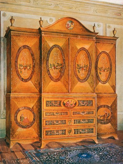 Satijnen Kast, Ingelegd met Tulpenhout, Harewood, Hulst, Ebbenhout, Mahonie en Andere Houtsoorten door Edwin John Foley