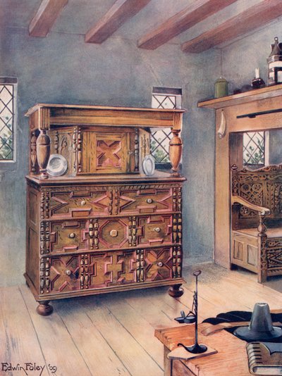 De Putnam-kast van Engels eiken en ceder. Gesneden bank van Amerikaans eiken door Edwin John Foley
