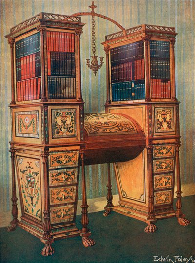 De zusters ingelegde dubbele secretaire en boekenkast kabinet--Sheraton door Edwin John Foley