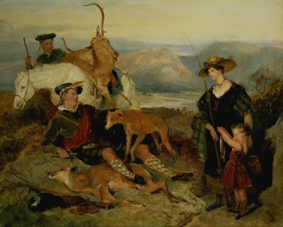 Hertenjacht in de Hooglanden, met de Hertogin van Bedford, de Hertog van Gordon en Lord Alexander Russell door Edwin Landseer