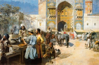 Een openluchtrestaurant, Lahore, ca. 1889 door Edwin Lord Weeks