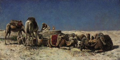 Kamelen naast een waterreservoir door Edwin Lord Weeks
