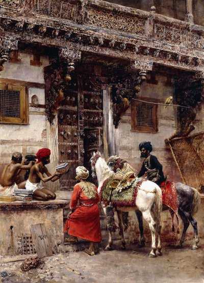 Ambachtsman die kisten verkoopt bij een teakhouten gebouw, Ahmedabad door Edwin Lord Weeks
