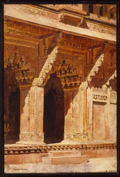 Curieus bewerkte rode zandstenen bogen, Fort Agra, India, ca. 1885-95 door Edwin Lord Weeks
