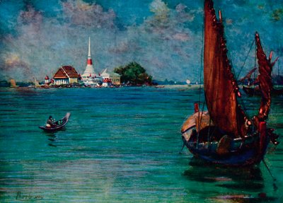 Een vissersboot bij het eiland Pagoda van Paknam, 1913 door Edwin Norbury