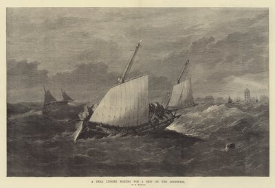 Een Deal Lugger op weg naar een schip op de Goodwins door Edwin Weedon