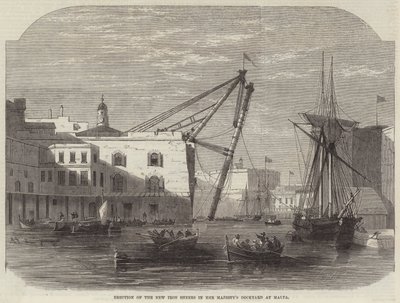 Oprichting van de nieuwe ijzeren schoren in de werf van Hare Majesteit in Malta door Edwin Weedon