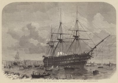 HMS Agamemnon, 91 kanonnen, het Engelse deel van de Atlantische onderzeese kabel laden in East Greenwich door Edwin Weedon