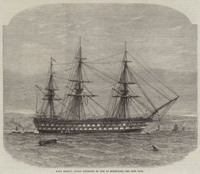 HMS Bombay, onlangs vernietigd door Brand in Montevideo door Edwin Weedon