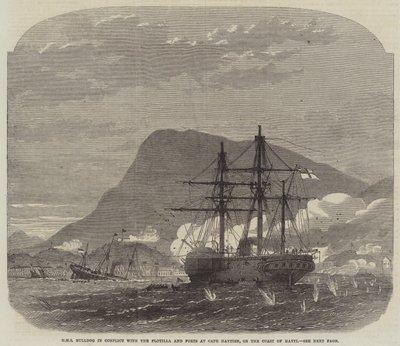 HMS Bulldog in conflict met de vloot en forten bij Cape Haytien, aan de kust van Haïti door Edwin Weedon