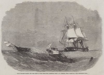 HMS Diadem haalt de bemanning van het ontmastte Amerikaanse schip C W Connor, nabij Bermuda, van boord door Edwin Weedon