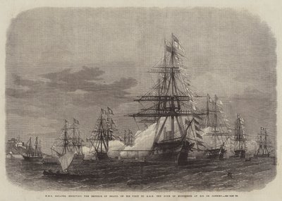 HMS Galatea ontvangt de Keizer van Brazilië tijdens zijn bezoek aan ZKH de Hertog van Edinburgh in Rio de Janeiro door Edwin Weedon