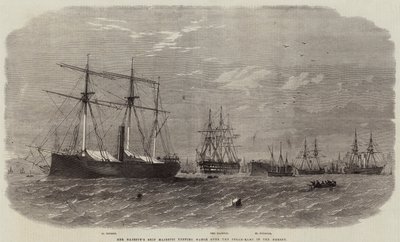 Hare Majesteits Schip Majestic houdt de stoomrammen in de Mersey in de gaten door Edwin Weedon