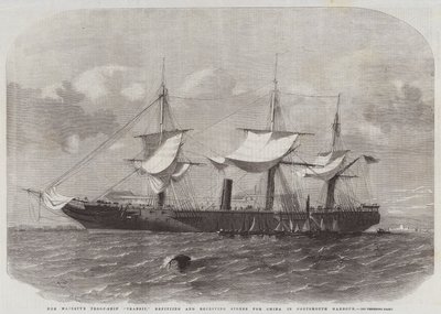 Het Troepenschip Transit van Hare Majesteit, herstellend en voorraden ontvangend voor China in de haven van Portsmouth door Edwin Weedon