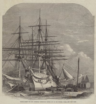 Hospitaalschepen voor de Abessijnse Expeditie uitgerust in de Victoria Docks door Edwin Weedon