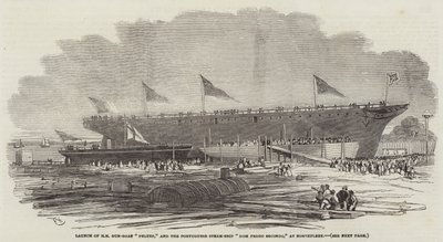 Lancering van HM kanonneerboot Pelter, en het Portugese stoomschip Dom Pedro Secondo, in Northfleet door Edwin Weedon