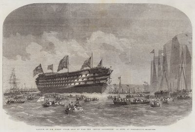Lancering van HM schroefstoomschip van oorlog de Royal Sovereign, 131 kanonnen, in Portsmouth door Edwin Weedon