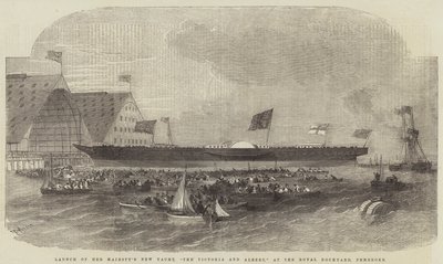 Te water laten van Hare Majesteits Nieuwe Jacht, De Victoria en Albert, bij de Koninklijke Scheepswerf, Pembroke door Edwin Weedon