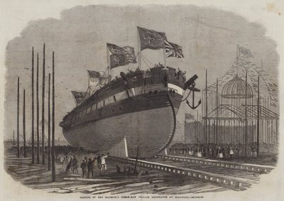 Te water laten van Hare Majesteits stoomramfregat Resistance in Millwall door Edwin Weedon