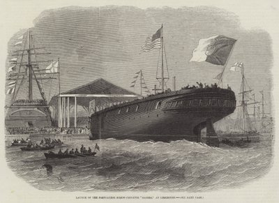 Te water laten van de Portugese Schroefkorvet Sagres, in Limehouse door Edwin Weedon
