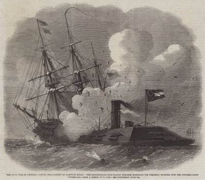 De Burgeroorlog in Amerika, Zeeslag in Hampton Roads, de Geconfedereerde IJzeren Stoomboot Merrimac (of Virginia) botst tegen de Federale Sloep Cumberland door Edwin Weedon
