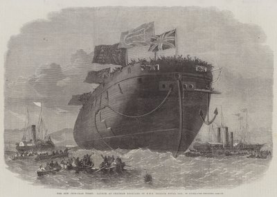 De nieuwe ijzeren vloot, lancering bij Chatham Dockyard van HMS Fregat Royal Oak, 50 kanonnen door Edwin Weedon