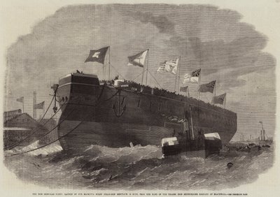 De nieuwe ijzeren vloot, tewaterlating van Hare Majesteits schroefstoomschip Minotaurus 50 kanonnen, van de werf van de Thames Iron Shipbuilding Company in Blackwall door Edwin Weedon