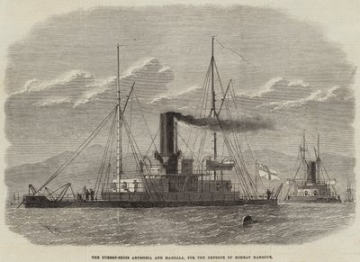 De torenschepen Abyssinia en Magdala, voor de verdediging van de haven van Bombay door Edwin Weedon