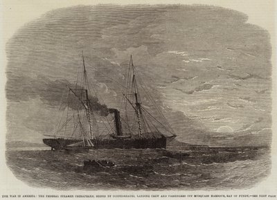 De oorlog in Amerika, de federale stoomboot Chesapeake, in beslag genomen door de Confederates, bemanning en passagiers aan land gezet bij Musquash Harbour, Bay of Fundy door Edwin Weedon