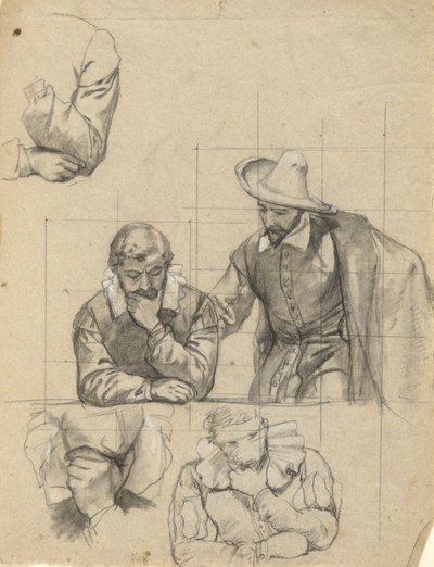 Ongeïdentificeerde groep, schets voor Ondertekening van het Compact in de hut van de Mayflower door Edwin White