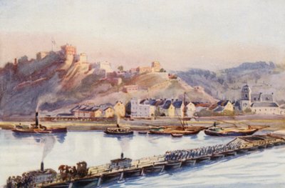 De Rijn: Ehrenbreitstein, De brug van boten (kleur litho) door Effie Jardine