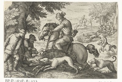 Heuvelachtig landschap met jacht op wilde zwijnen door Egbert Jansz.