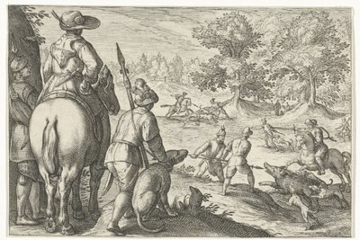 Landschap met jacht op wilde zwijnen door Egbert Jansz.