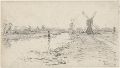 Landschap met rivier en twee molens door Egbert Rubertus Derk Schaap
