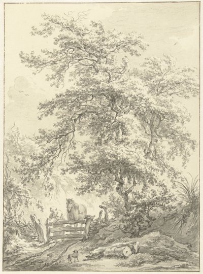 Vrouw met paard bij hek onder grote boom door Egbert van Drielst