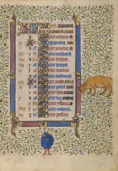 Kalenderblad voor april; Bloemen plukken; Stier door Egerton Master