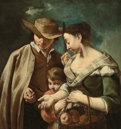 Een fruitverkoper en een jonge jongen, met een mand perziken, peren en druiven, in een landschap, met een man die een geweer en een munt vasthoudt, ca. 1705-84 door Egidio (attr.to) Dall