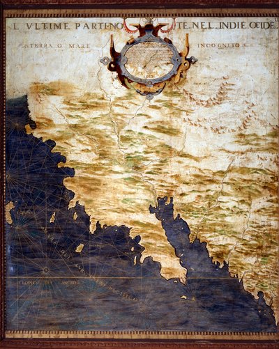 Grens van de West-Indië en Onbekende Landen Kaart gemaakt door Egnazio Danti (1536-1586) wiskundige, kosmograaf en Italiaanse architect. Rond 1567. Florence, Palazzo Vecchio, Sala del Mappamondo door Egnazio Danti