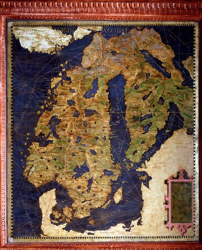 Scandinavië: Noorwegen, Zweden, Finland. Kaart gemaakt door Egnazio Danti (1536-1586) wiskundige, kosmograaf en Italiaanse architect. Rond 1567. Florence, Palazzo Vecchio, Sala del Mappamondo door Egnazio Danti