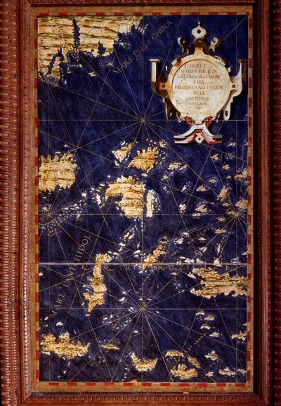 De Molukken Kaart gemaakt door Egnazio Danti (1536-1586) wiskundige, kosmograaf en Italiaanse architect. Rond 1567. Florence, Palazzo Vecchio, Sala del Mappamondo door Egnazio Danti