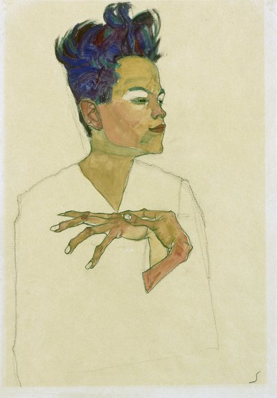 Zelfportret met handen op de borst door Egon Schiele