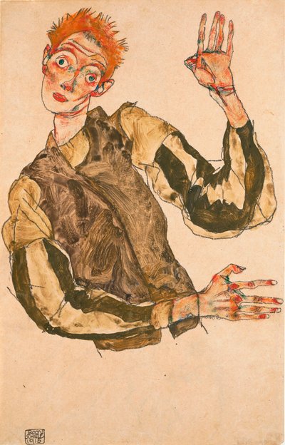 Zelfportret met gestreepte mouwen door Egon Schiele