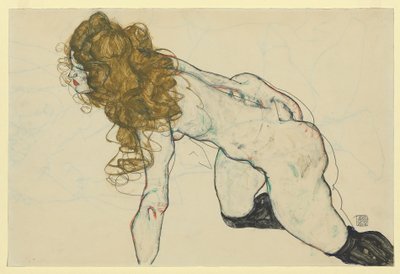Hurkende vrouwelijke naakt met blond haar en rustende linkerarm (recto) door Egon Schiele