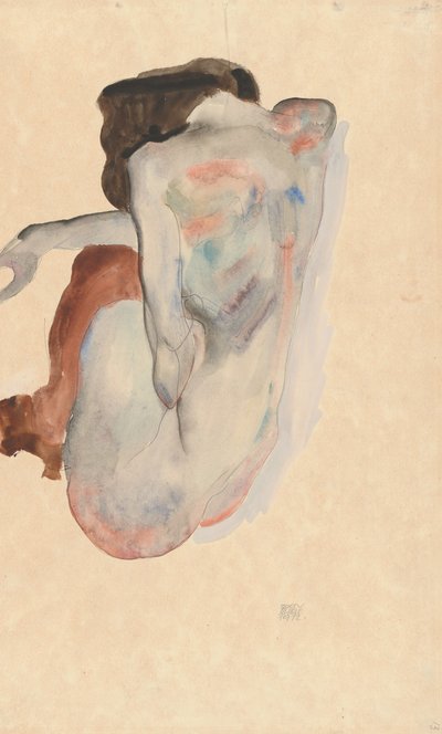 Gehurkte Naakte Vrouw met Schoenen en Zwarte Kousen, Achteraanzicht door Egon Schiele
