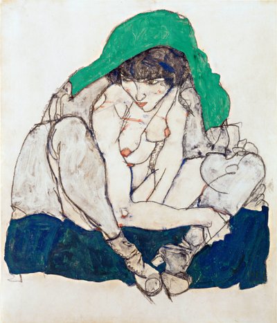 Hurkende vrouw met groene hoofddoek door Egon Schiele