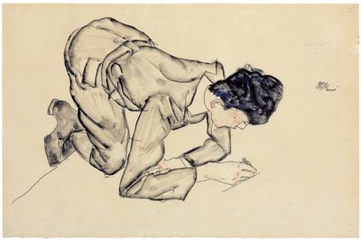 Erich Lederer tekenend op de vloer, 1912 door Egon Schiele