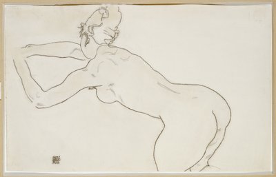 Vrouwelijk naakt knielend en voorover buigend naar links, 1918 door Egon Schiele